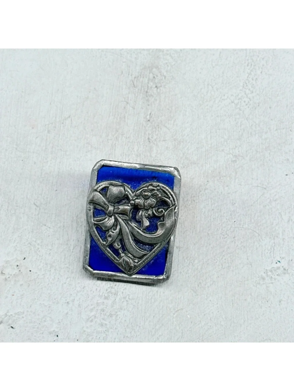348u. Blue Stained Glass Heart Brooch